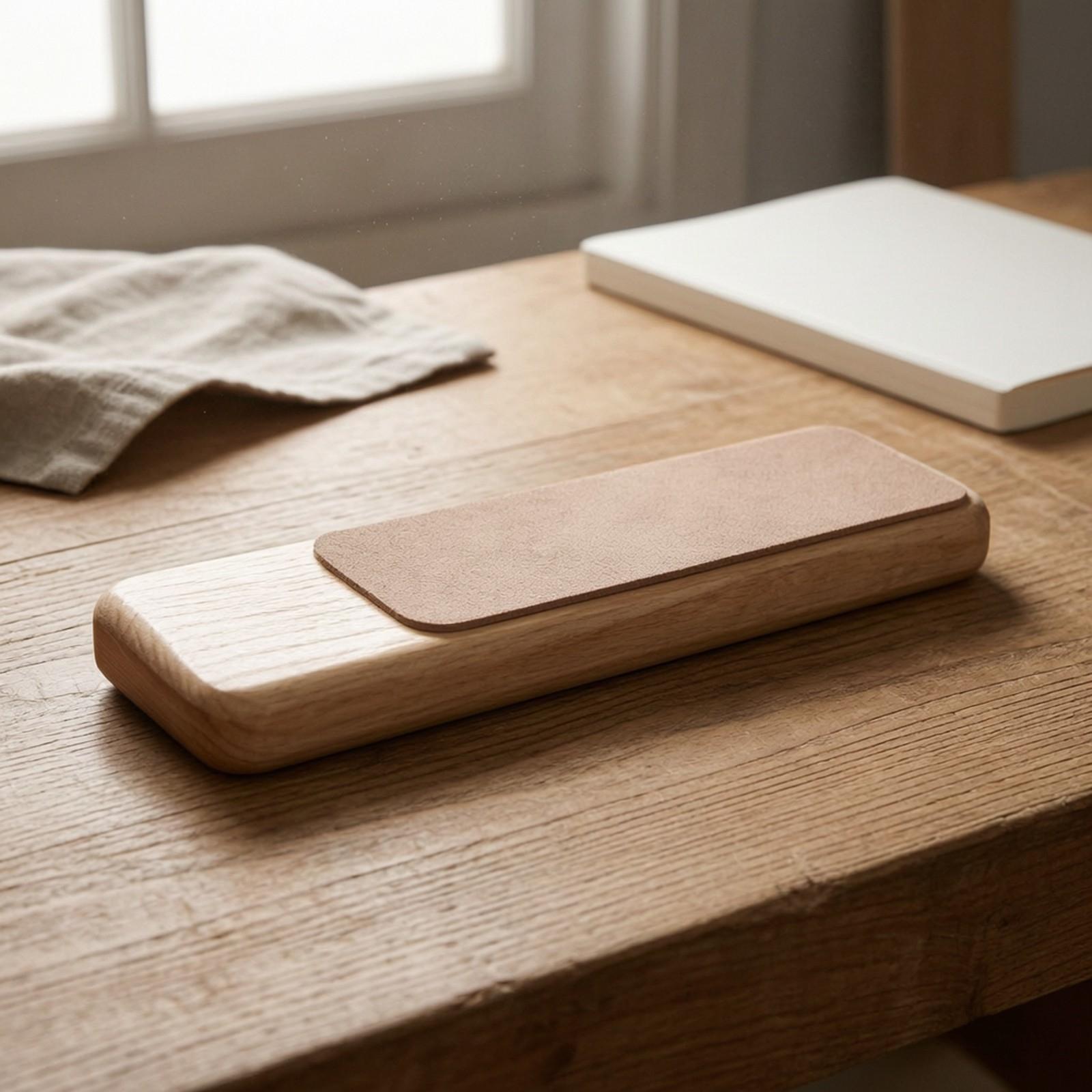 Workshop Tools Board - 研磨や刃物の仕上げに最適な、丈夫な木製レザーストロップボード。サイズは210x60mm。ワークショップやDIYレザー製作に便利な携帯用ツール。