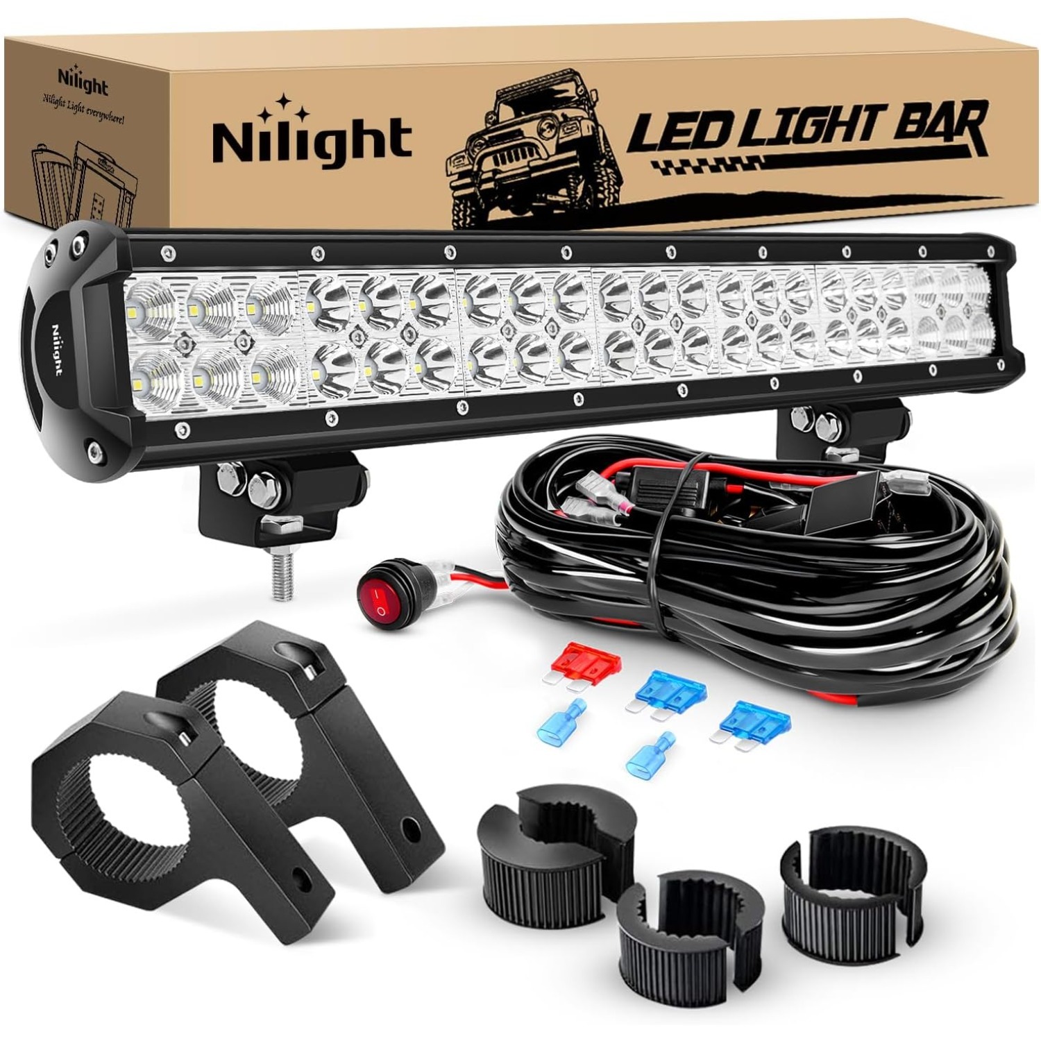 Pipe Clamp Bar - Nilight 20インチ 126W スポットフラッドコンボLEDライトバー オフロードライトマウントブラケット 横型バーチューブクランプ