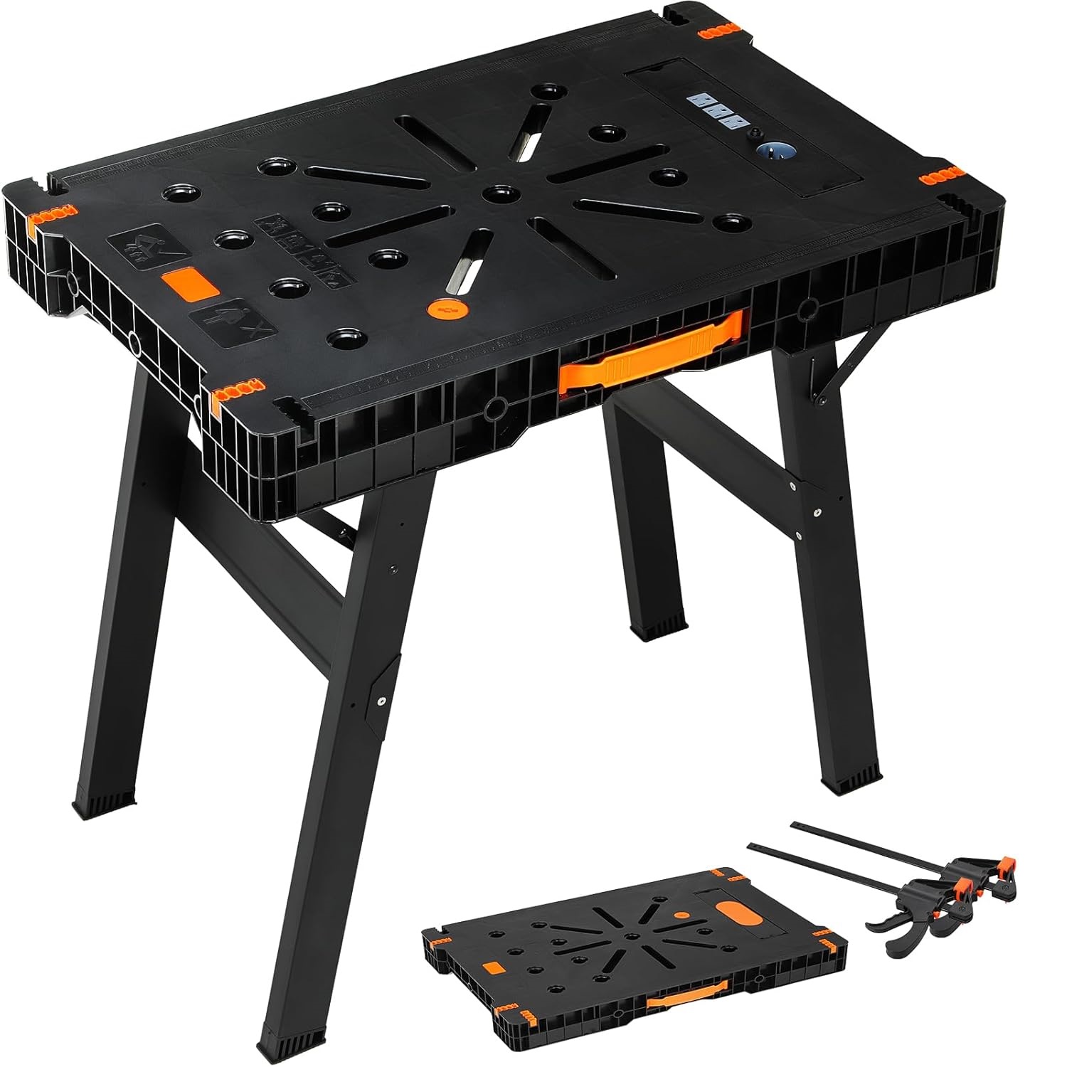 Workbench Portable Fold - 折りたたみ式ワークベンチ（クランプ＆電源タップ付き）- ポータブル作業台 幅34インチ x 奥行き22インチ、耐荷重330ポンド、ガレージ用ヘビーデューティー折りたたみ式