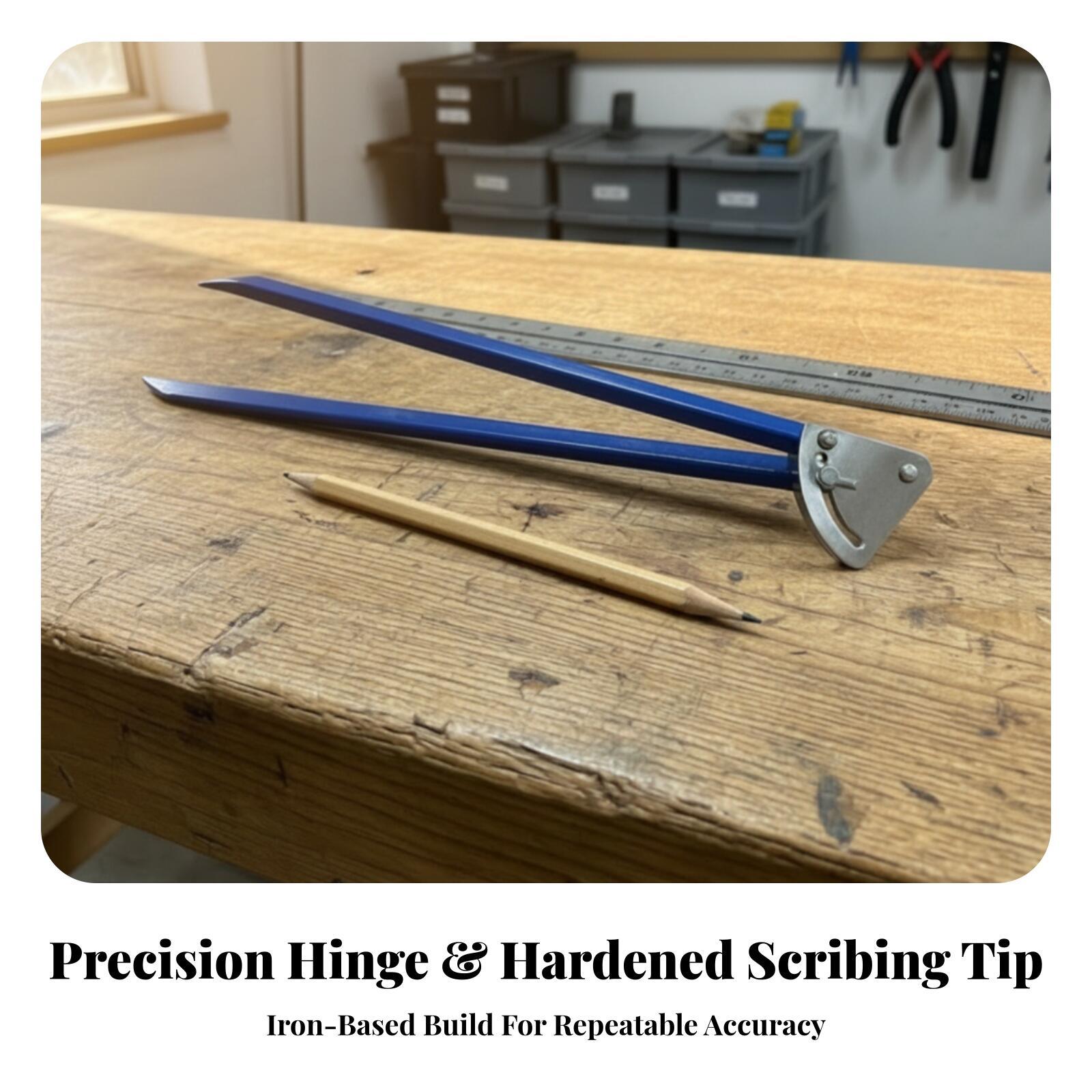 Marking Tools In Workshop - 精密な線引き作業に最適な、調整可能なマーキングコンパス。ロックネジ付き。ワークショップでの使用に適した、鉄製のフレームと青色の合金製のアーム。